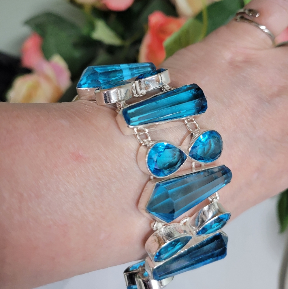 London Blue Topaz Gemstone Handmade Silver chunky Jewelry Bracelet 7-9" - Picture 4 of 8